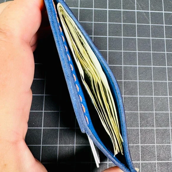Ultra slim wallet minimalist travel -Horween (American leather) blue & orange - Picture 7 of 9
